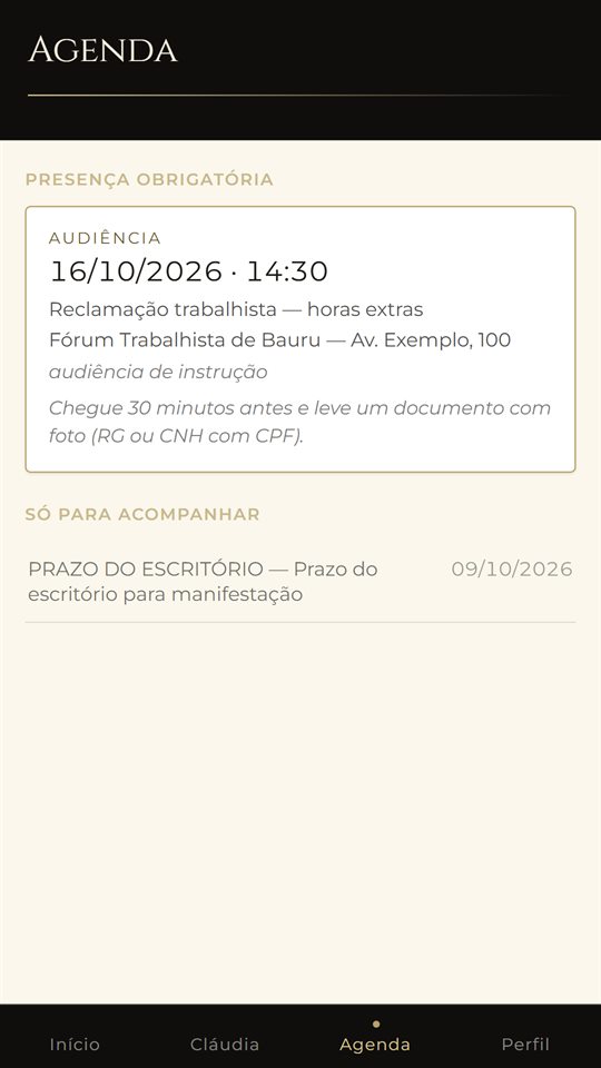 Agenda com a audiência, a data, o local e o que levar